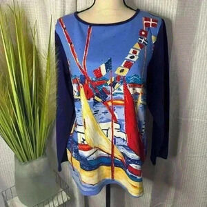 Diane’s Essentials Women’s Blouse Size S Sequence Sailboat Design Long Sleeve